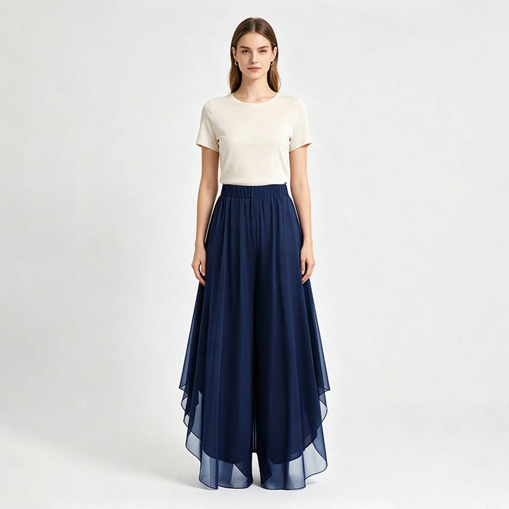 Irregular hem chiffon wide-leg pants