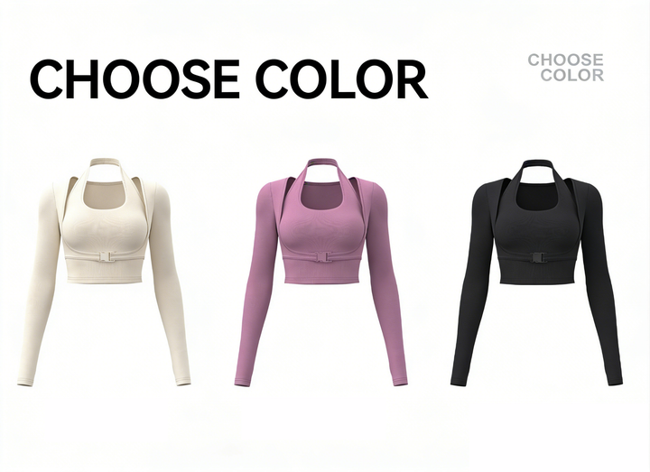 Halter Neck Layered Long Sleeve Yoga Crop Top