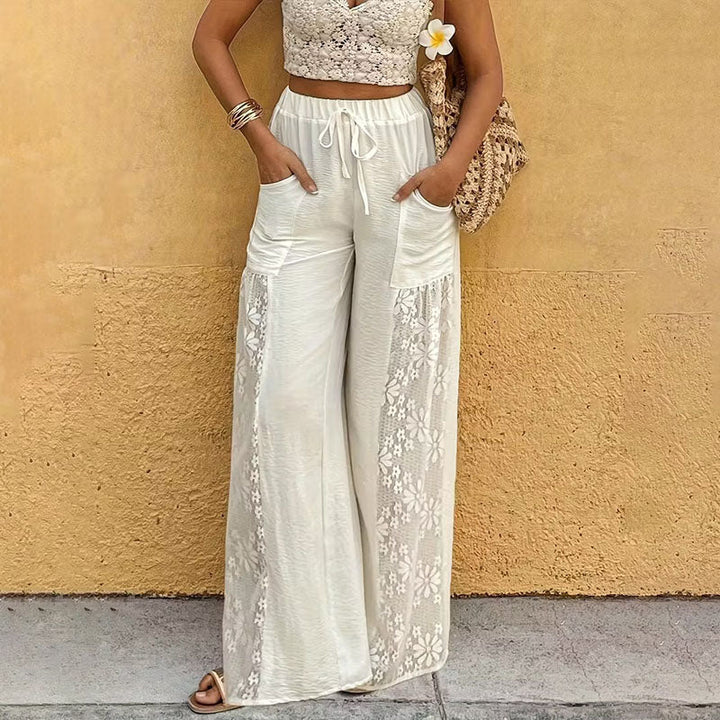 Lace floral patchwork elastic waist wide-leg pants