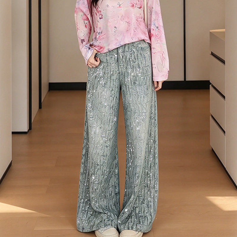 Jacquard Rhinestone Wide Leg Jeans