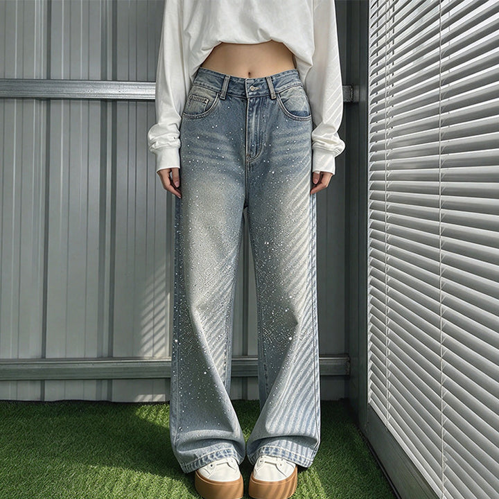 Double Hotfix rhinestones-sided high-waisted jeans