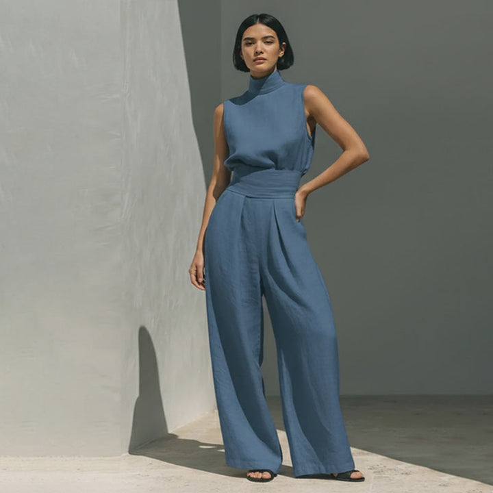 Sleeveless high-neck top and high-waisted pleated wide-leg trousers set