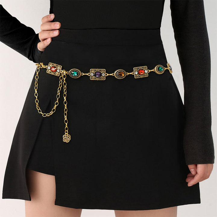 Bohemian style vintage rhinestone-encrusted waist chain belt