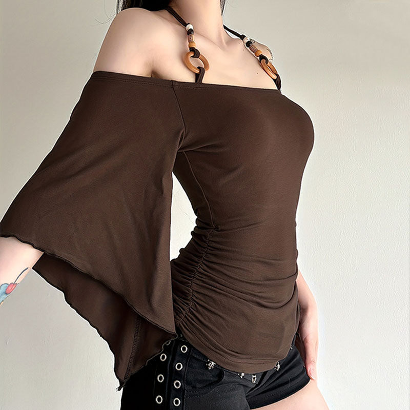 Off-shoulder fitted bell sleeve top