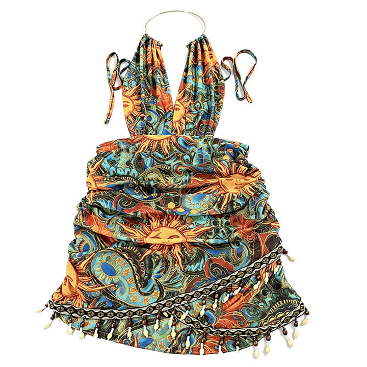 Retro Print Pleated Tassel Dress