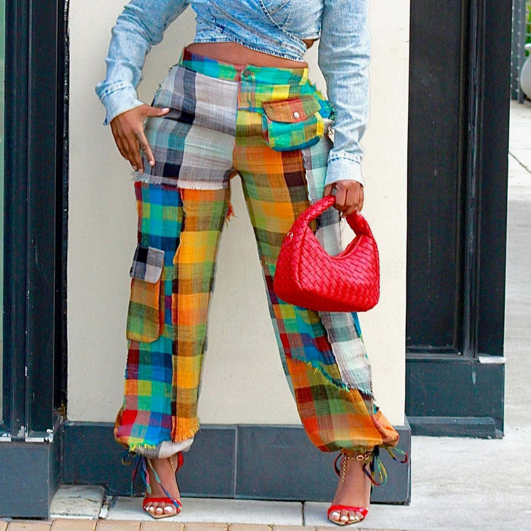 Colorful Plaid Patchwork Cargo Pants With Tie‑Up Hem