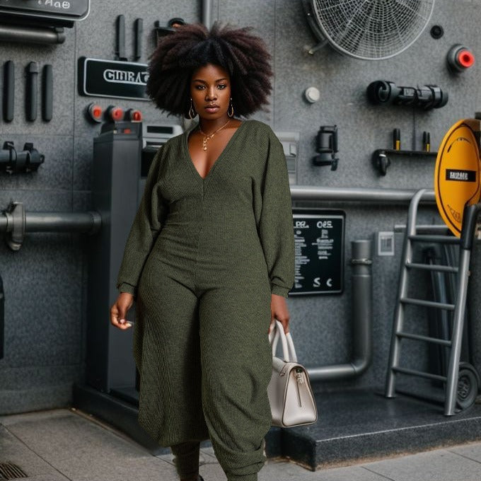 Ribbed Solid Deep‑V Harem Jumpsuit