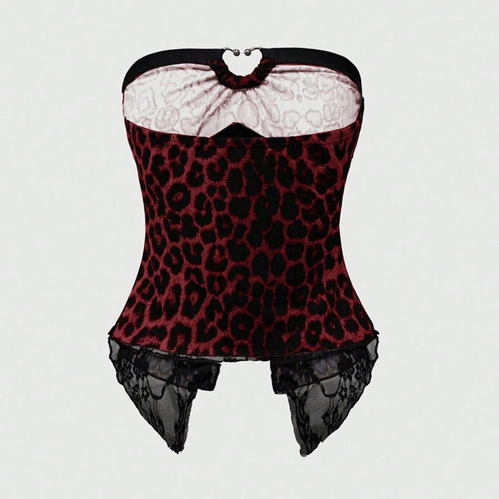 Leopard-print lace-trim tube top