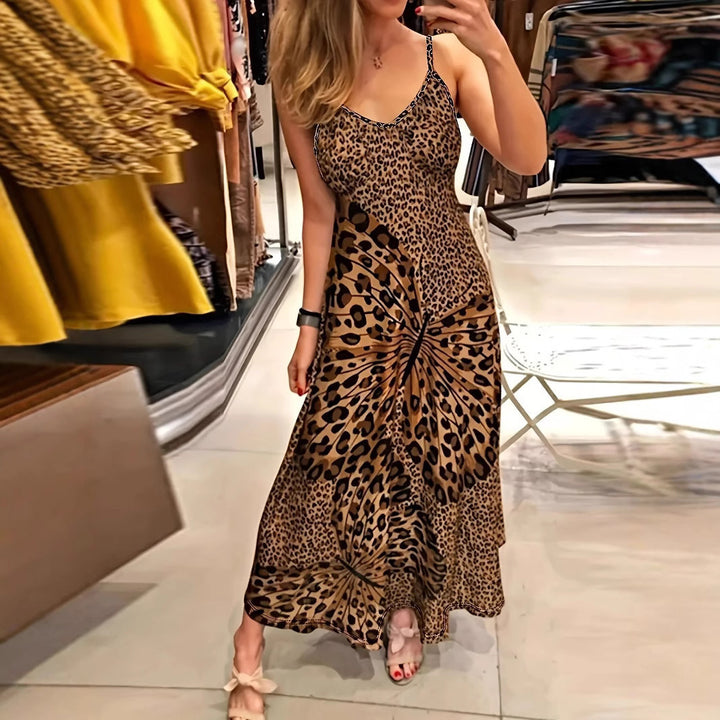 Leopard Butterfly Print V‑Neck Spaghetti‑Strap Maxi Dress