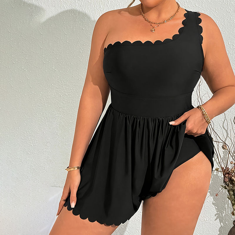 Plus-Size One-Shoulder Swim Dress with Scalloped Trim
