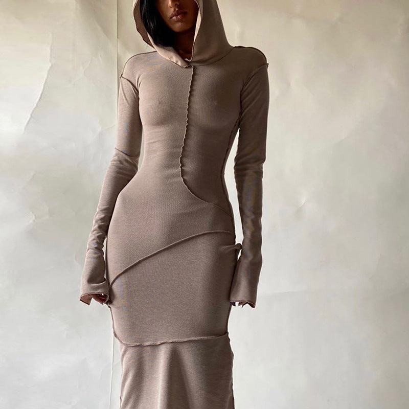 Contrast‑Stitch Hooded Bodycon Maxi Dress