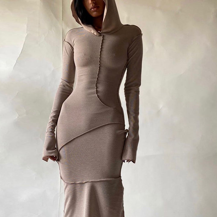 Contrast‑Stitch Hooded Bodycon Maxi Dress