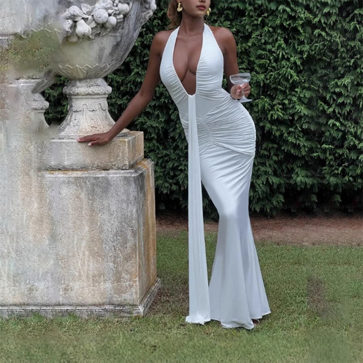Deep V-neck pleated slim-fit fishtail dress