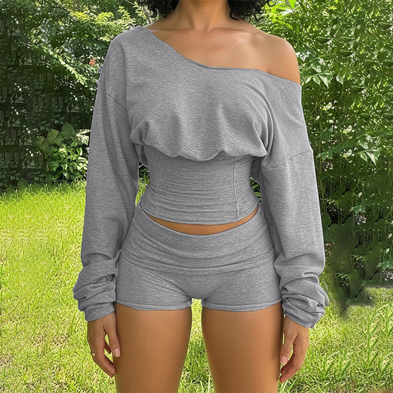 Off-shoulder long-sleeve top and high-waisted shorts two-piece set