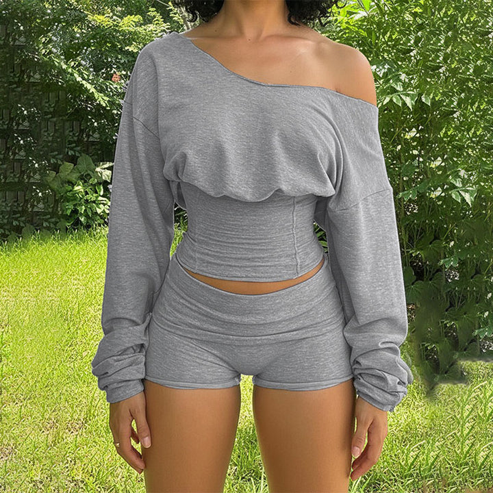 Off-shoulder long-sleeve top and high-waisted shorts two-piece set