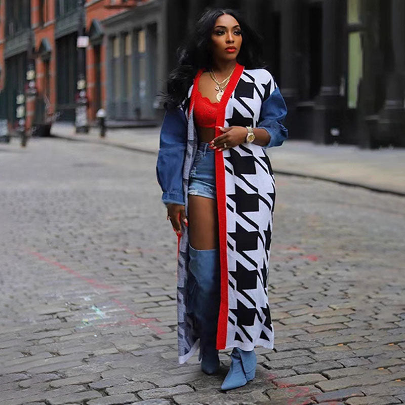 Plaid Print Denim Patchwork Long Cardigan