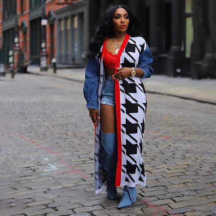 Plaid Print Denim Patchwork Long Cardigan