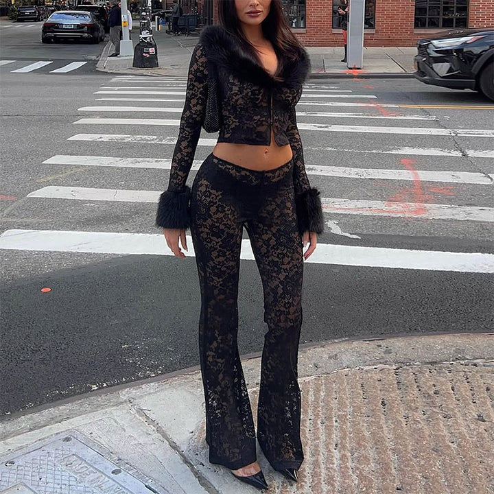 Mesh lace fur collar two-piece set