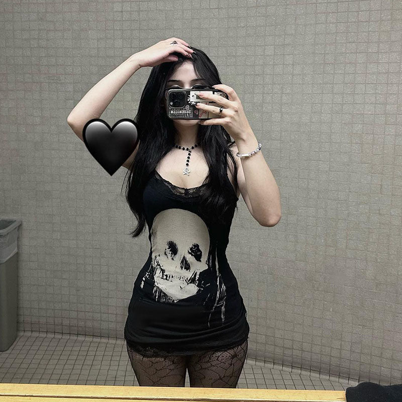 Skull print lace-trimmed slip dress