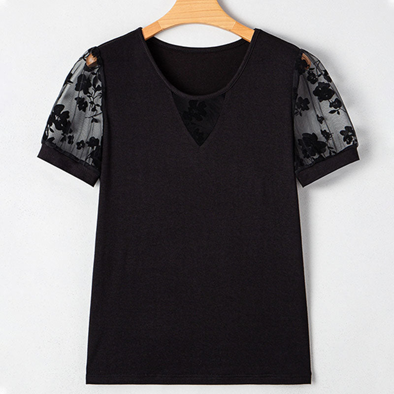 Sheer Floral Mesh-Sleeve V-Neck Casual Top