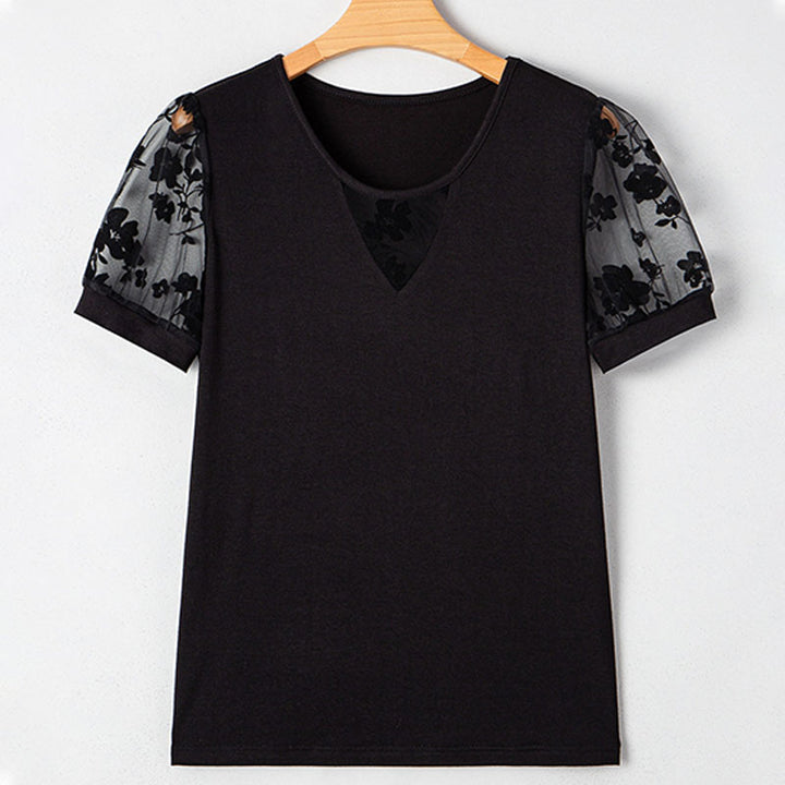 Sheer Floral Mesh-Sleeve V-Neck Casual Top