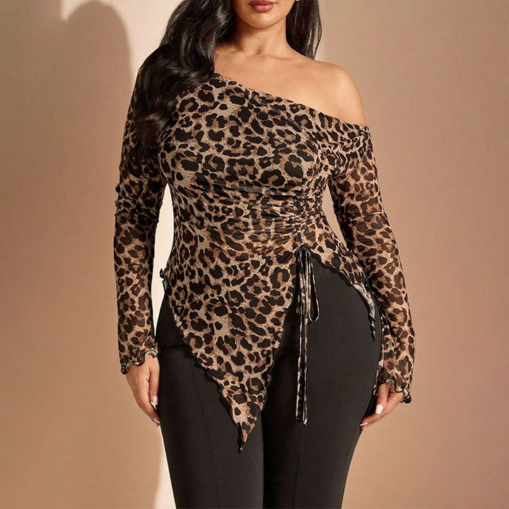 Plus-size leopard print one-shoulder drawstring top