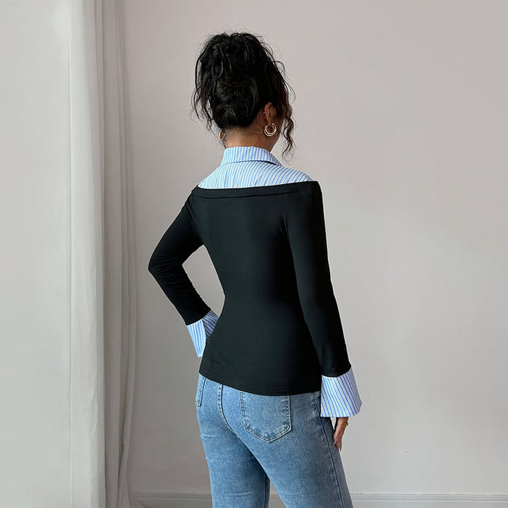 Striped patchwork slim-fit long-sleeved top