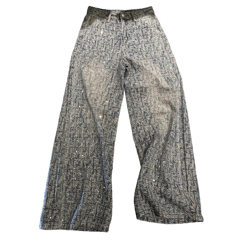 Jacquard Rhinestone Wide Leg Jeans