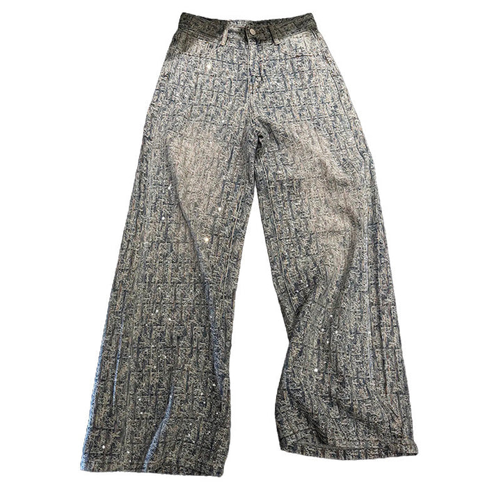 Jacquard Rhinestone Wide Leg Jeans