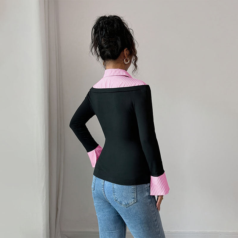 Striped patchwork slim-fit long-sleeved top