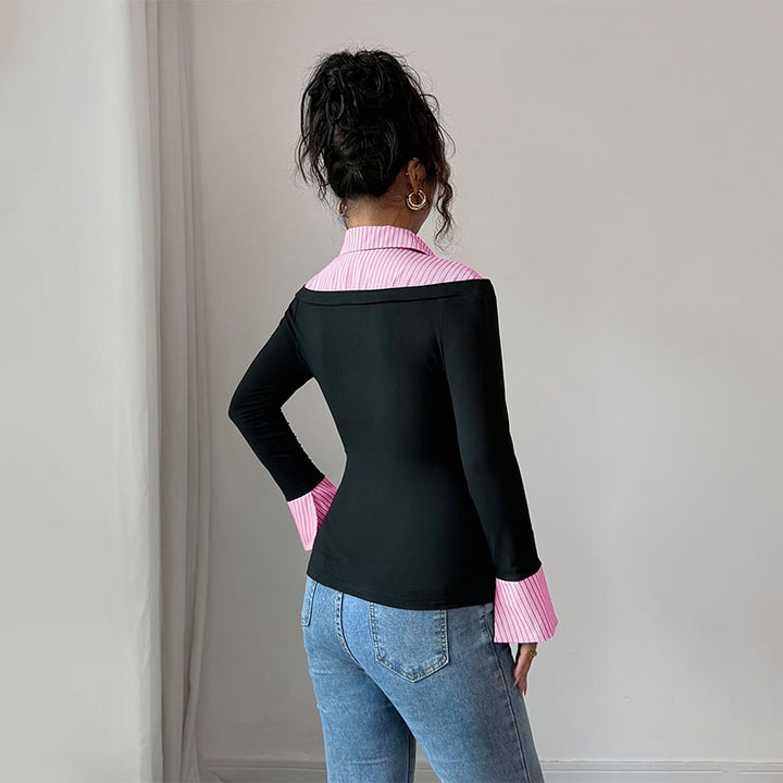 Striped patchwork slim-fit long-sleeved top