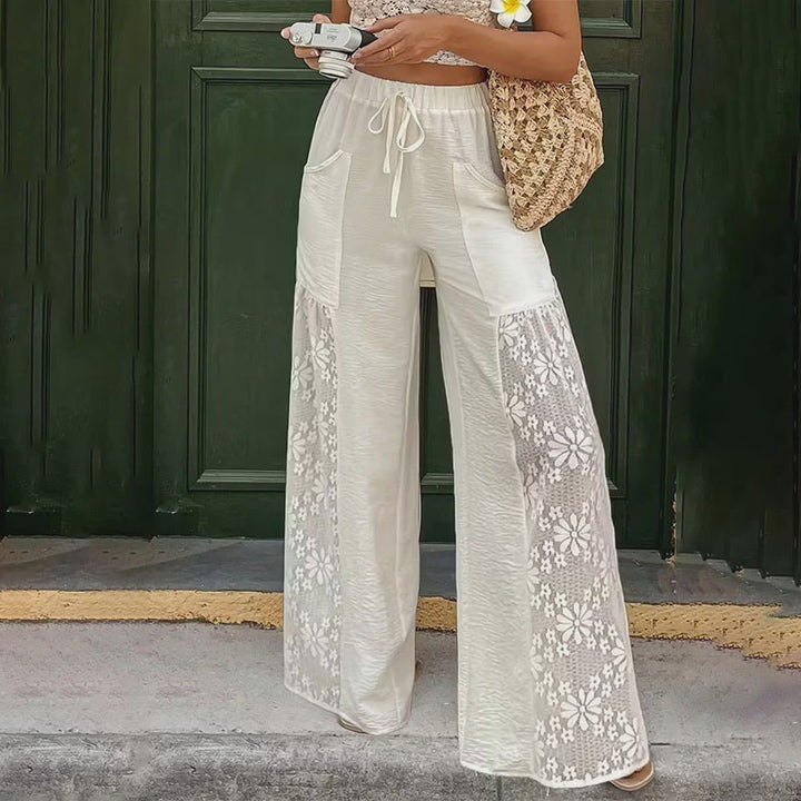 Lace floral patchwork elastic waist wide-leg pants