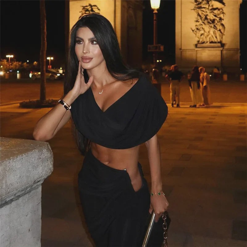 Stacked collar cropped top and draped flared pants suit