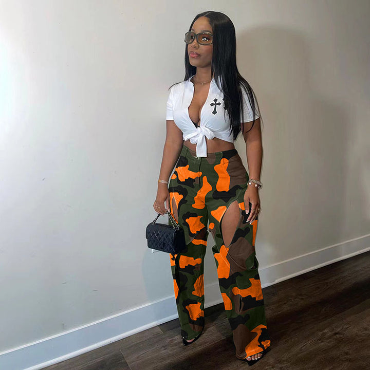 Cut-out camouflage high-waisted cargo pants