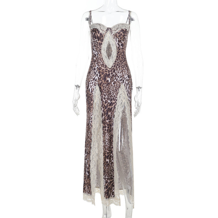 Lace-trimmed slit leopard print dress