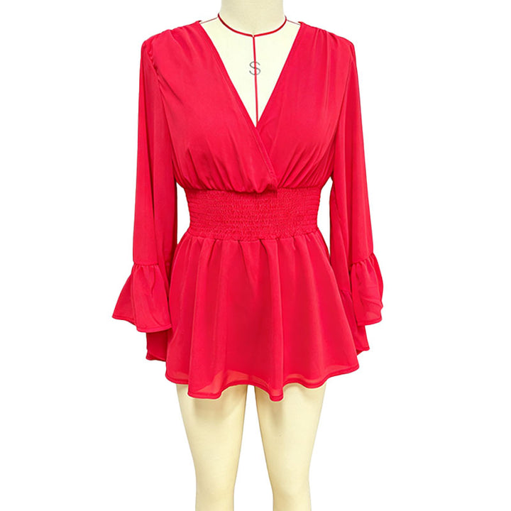 V-neck flared long-sleeved fitted waist dress