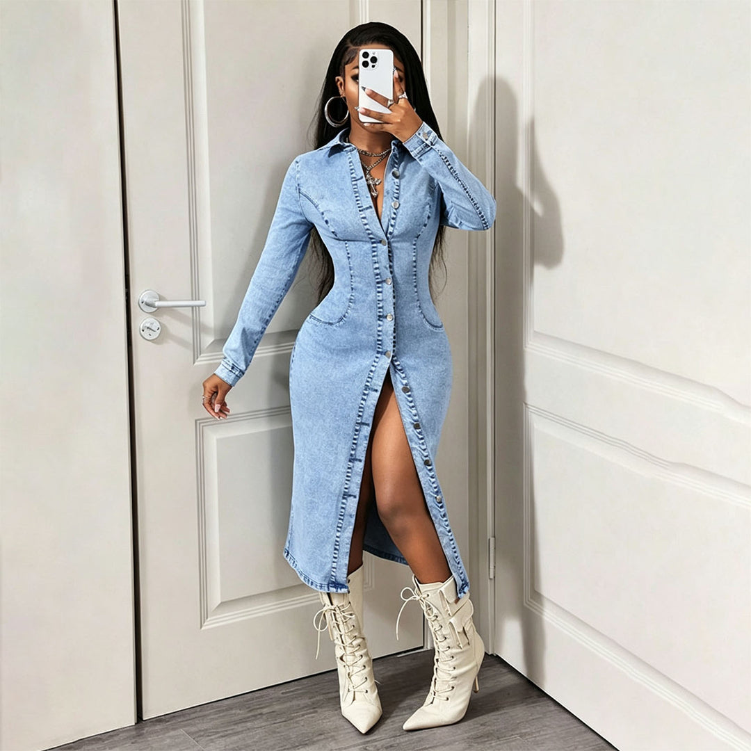 Button-front slim-fit denim dress