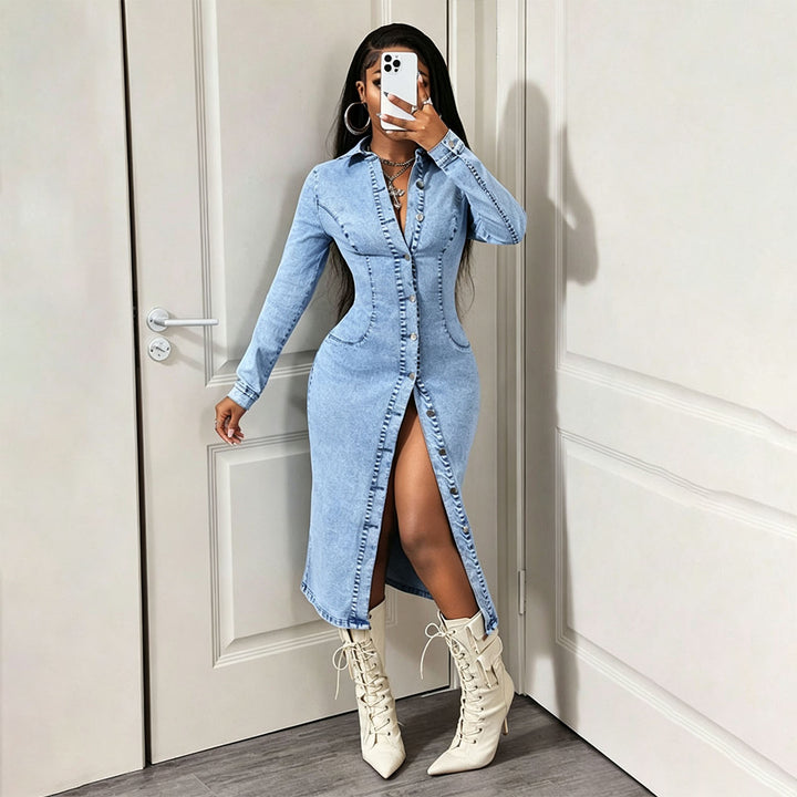 Button-front slim-fit denim dress