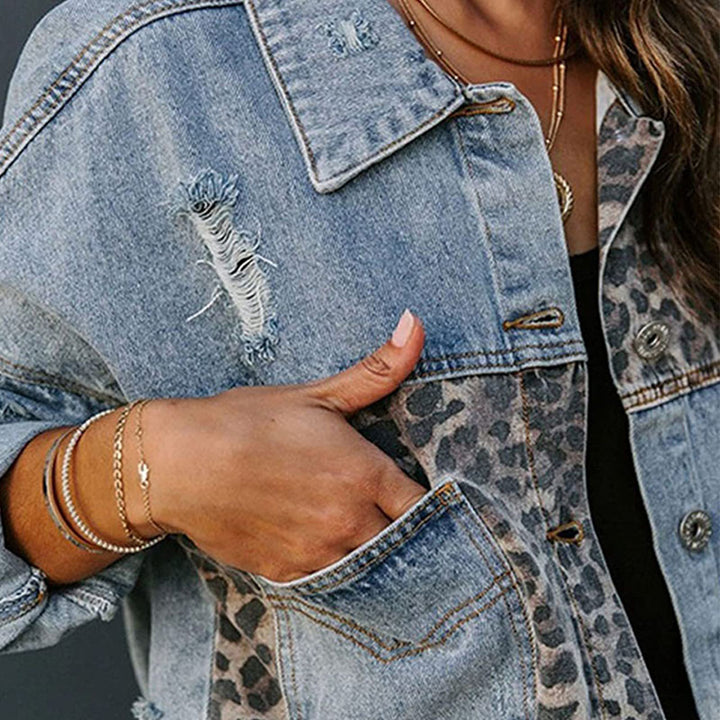 Leopard-print panel denim jacket