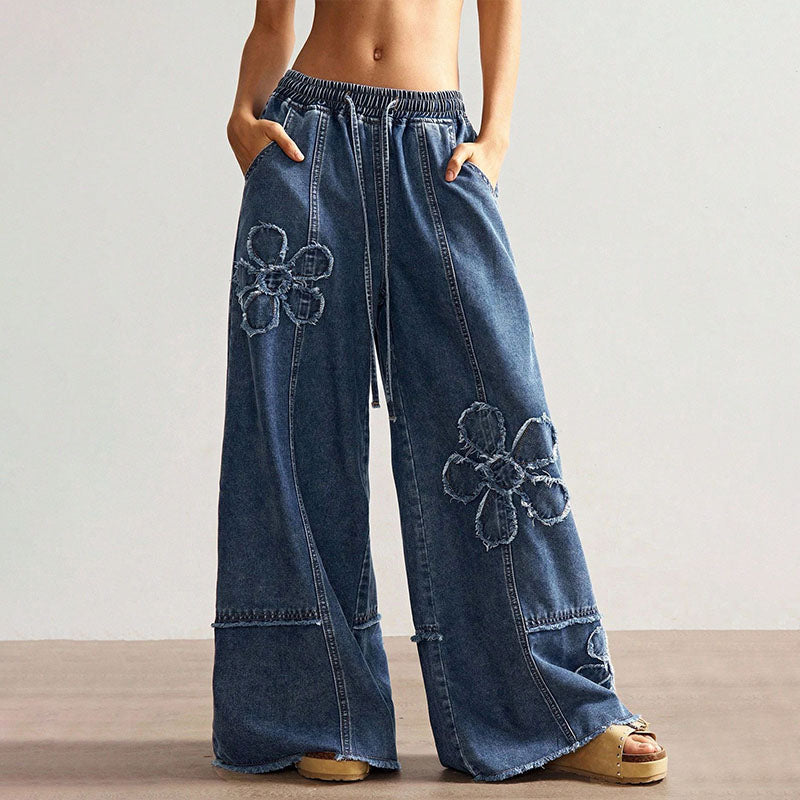 Elastic waist floral frayed wide-leg jeans