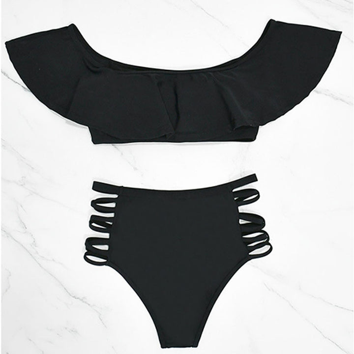 Off-shoulder ruffled cut-out high-waisted bikini set