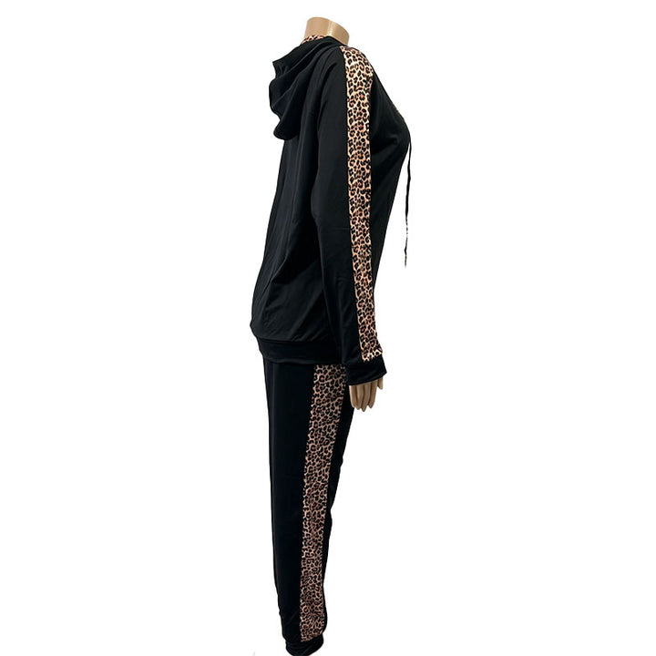 Leopard-print casual zip-up hoodie and pants tracksuit