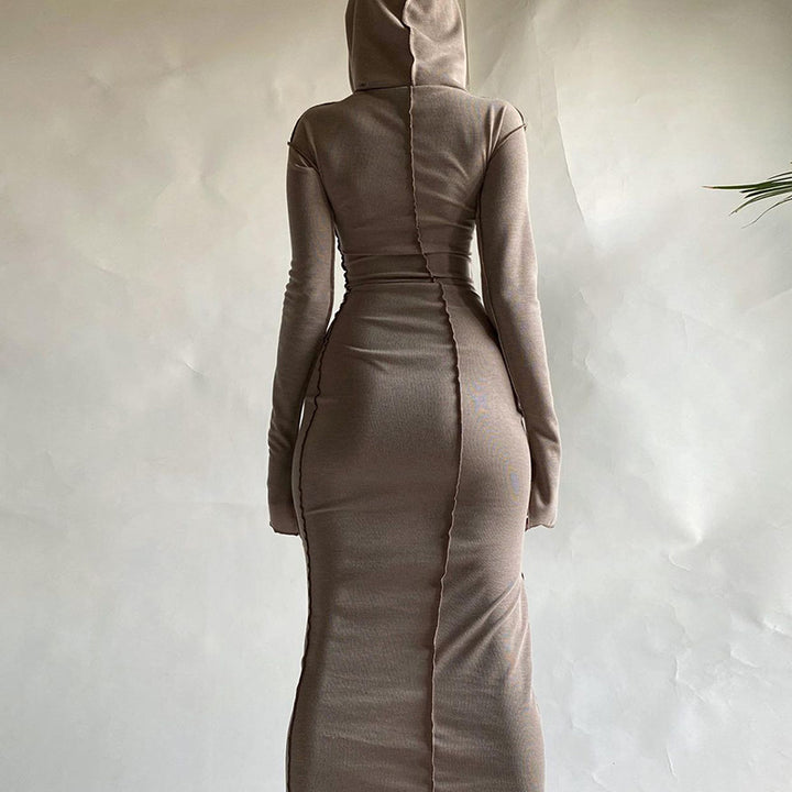 Contrast‑Stitch Hooded Bodycon Maxi Dress
