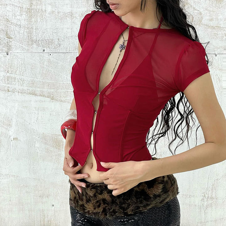 Cut-out mesh fitted cropped top