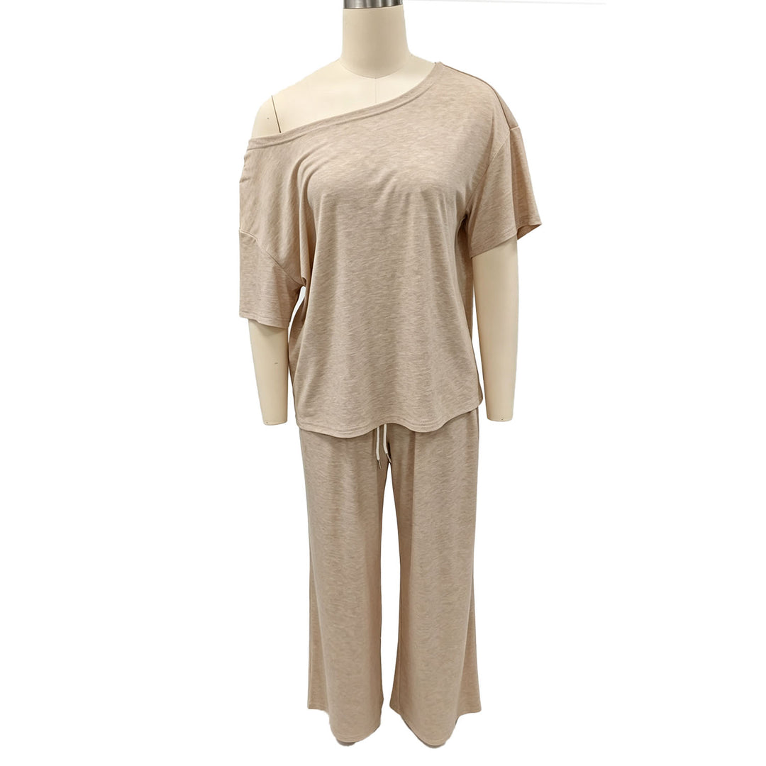 Off-shoulder short-sleeve top and wide-leg trousers set