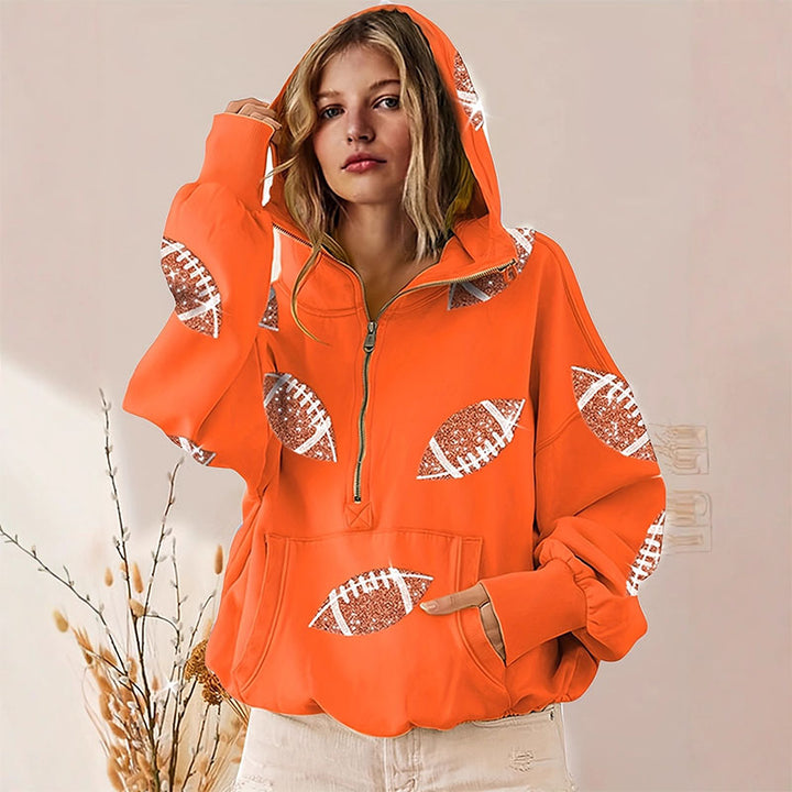 Printed half-zip loose hoodie