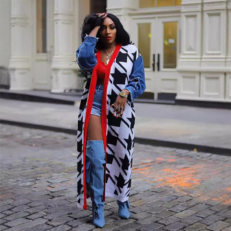 Plaid Print Denim Patchwork Long Cardigan
