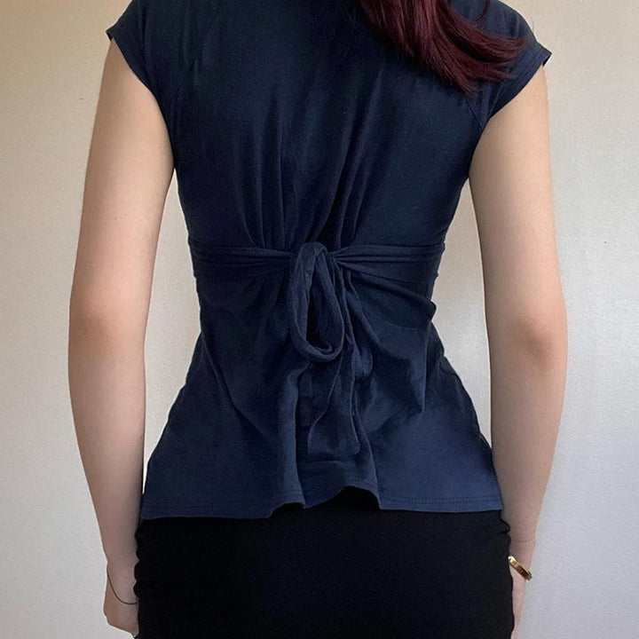 V-neck tie-front cap-sleeve top