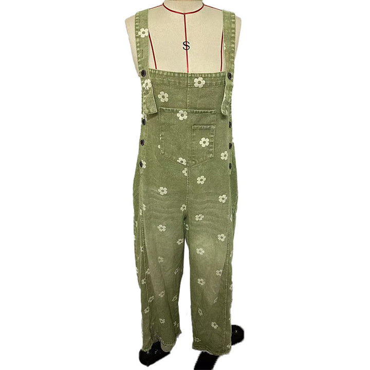 Floral denim wide-leg overalls