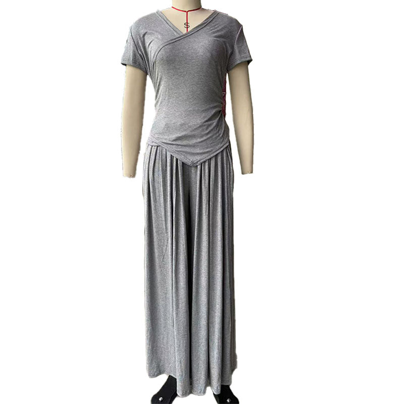 Cross-neck top and wide-leg pants suit